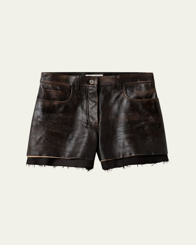 Layered Raw-Hem Leather Shorts
